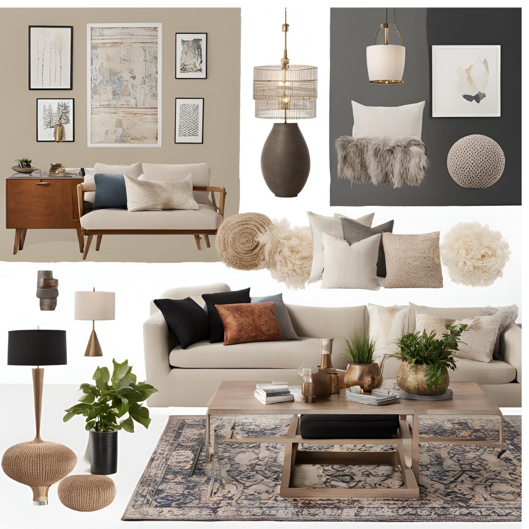 various stylish home decor items, including throw pillows, rugs, artwork, and lighting, arranged to create a welcoming living room atmosphere.
