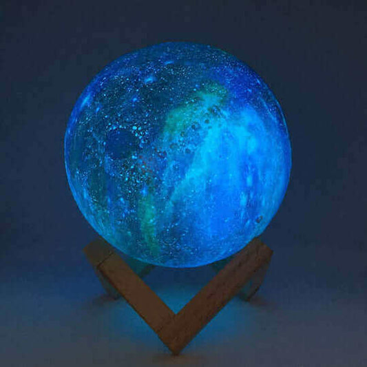 Automated LED Moon Lamp - blue moon lamp on wood stand MalonesSpecialtyStore.com