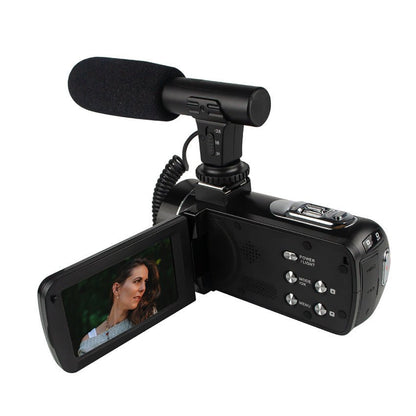 Portable HD camcorder with 3.1-inch touch screen, microphone, remote control, and long battery life.