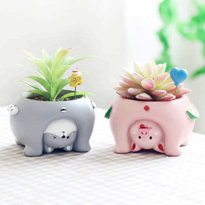 Cartoon planter - close up of great cat and pink pig.  MalonesSpecialtyStore.com