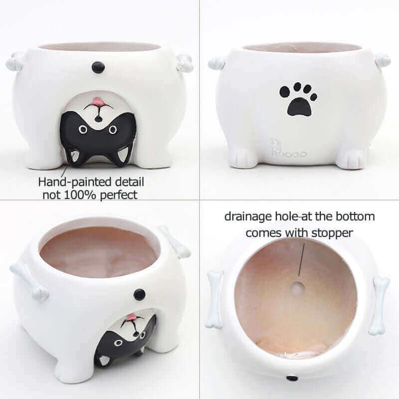Cartoon planter - close up of white cat with information on product.  MalonesSpecialtyStore.com
