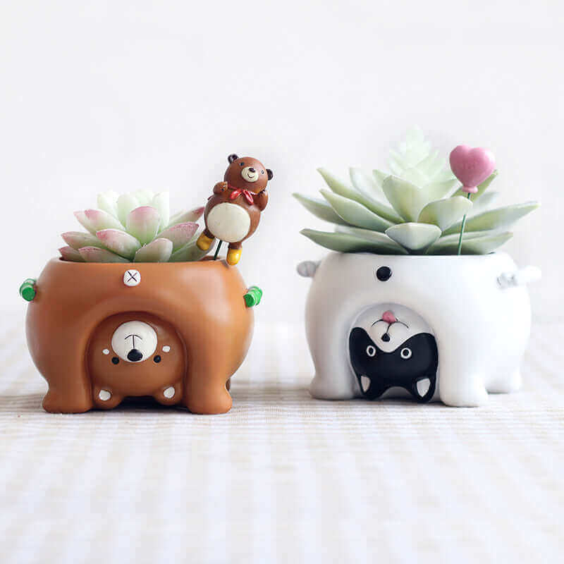 Cartoon planter - close up of white cat and brown bear. MalonesSpecialtyStore.com