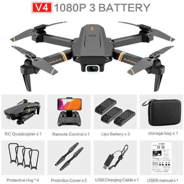 the Drone up! V4 RC Quadcopter Drone comes with what you see here