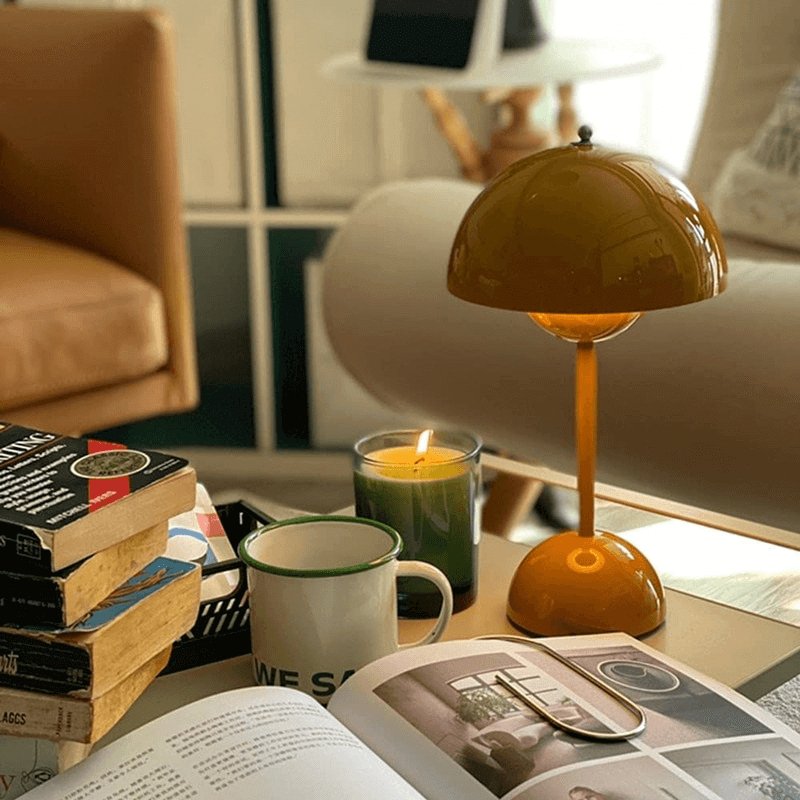 Mustard flowerpot vp9 portable rechargeable lamp in cozy living room with candle and coffee
