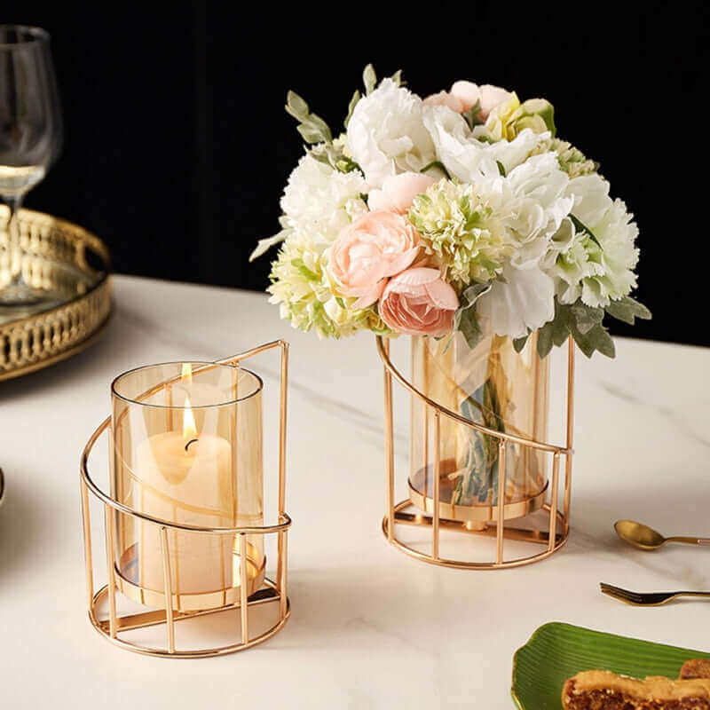 Golden Candle Holder- one with a candle another with flowers. Multiple uses. MalonesSpecialtyStore.com