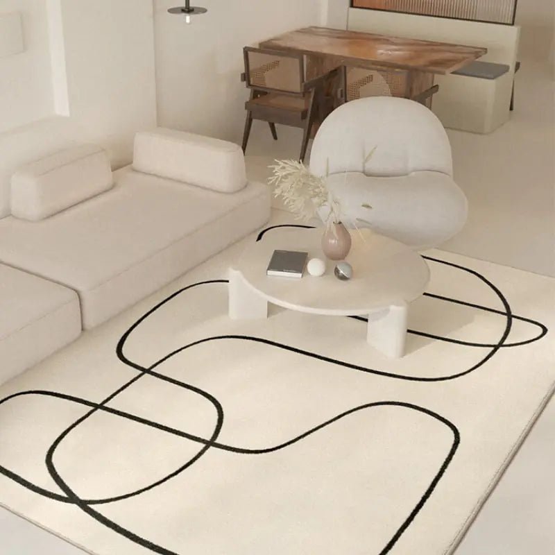 Large white rug with playful black squiggles, soft pile, contemporary design for stylish homes