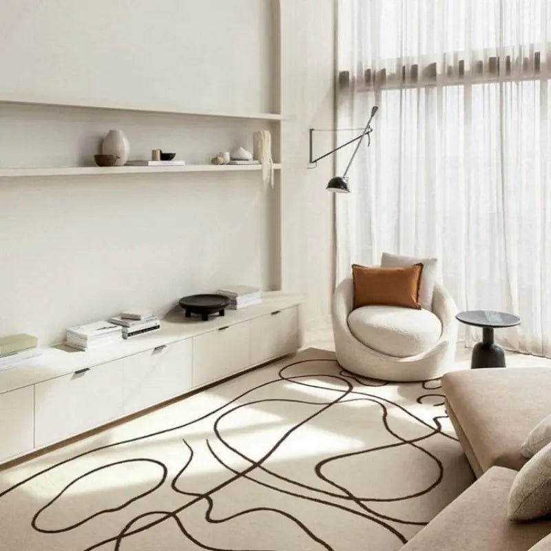 Monochrome area rug with abstract pattern, Nordic-inspired, plush comfort for various room styles