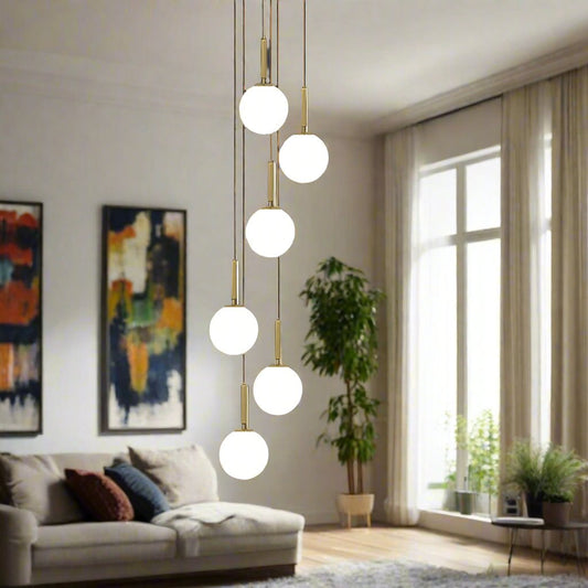 Modern Glass Ball Chandelier living room setting 6 bulbs from Malones.