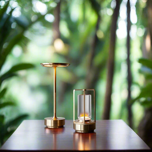 Modern Table lamps on a wood table in the jungle. Indoor outdoor lamps from Malones 