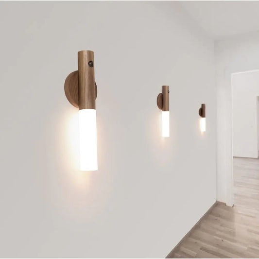 Wireless Wood Stick Night Light | Built in Magnet installed on white wall setting.